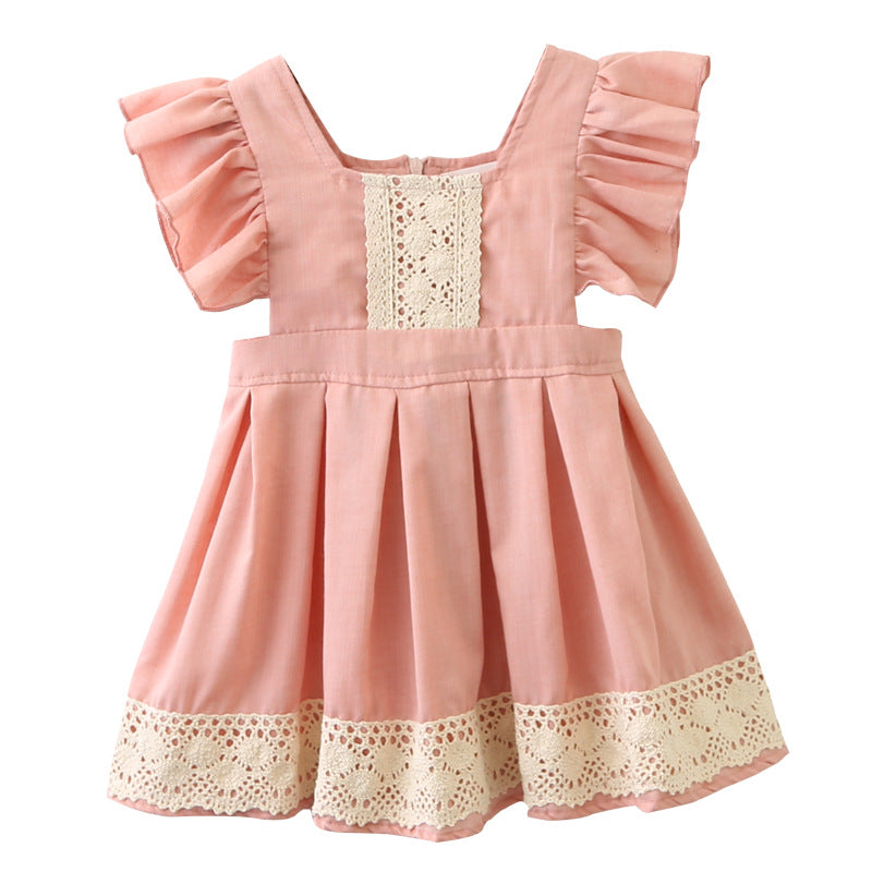 Girl Baby Cute Lotus Root Pink Dress Children Princess Stitching Lace Flying Sleeve Short Skirt Girl Baby Cute Lotus Root Pink Dress Children Princess Stitching Lace Flying Sleeve Short Skirt